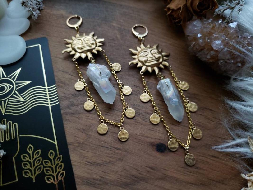 Dangle & Chandelier Sun Goddess Quartz Charm Brass Earrings Stars Moon Boho Hippie Bohemian Celestial Witchy Metaphysical Jewelry