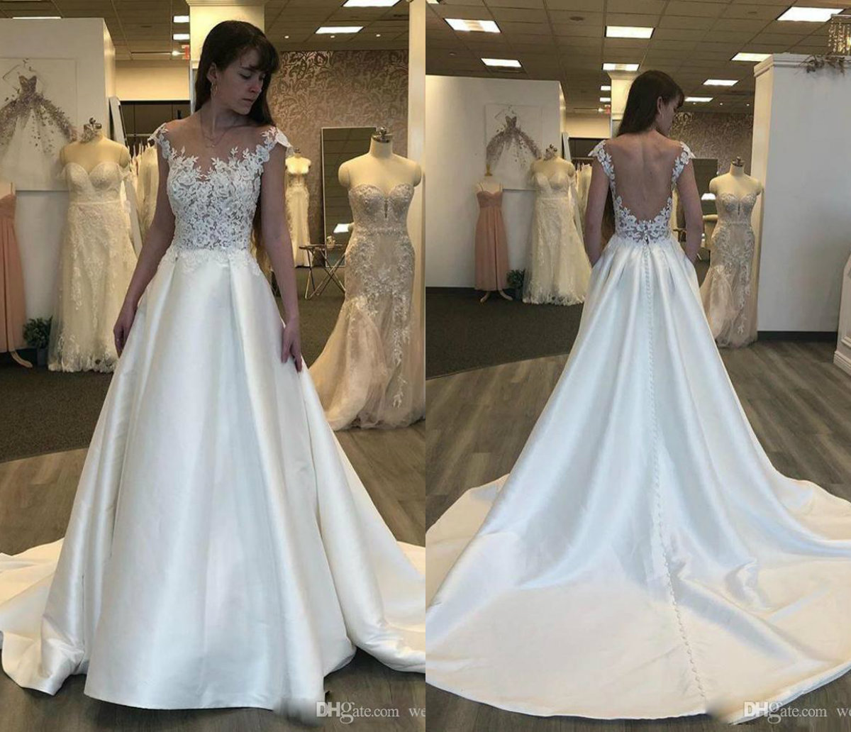2019 Elegant Satin Beach Wedding Dresses Lace Appliqued Jewel A Line Boho Wedding Dress Sweep Train Vestidos De Novia Country Bridal Gowns
