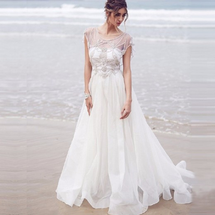 2019 Summer A Line Beach Wedding Dresses Jewel Neck Ivory Lace Applique Bridal Gowns Bohemia Tulle Dress