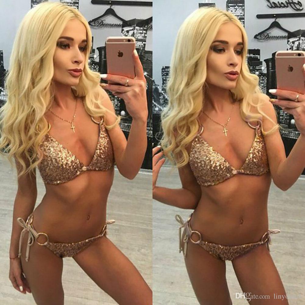 2020 Sexy Bikinis Sequins Golden Women Bandage Bikini Set Push Up Padded Strappy Swimsuit Backless Brazillian Summer Swimwear