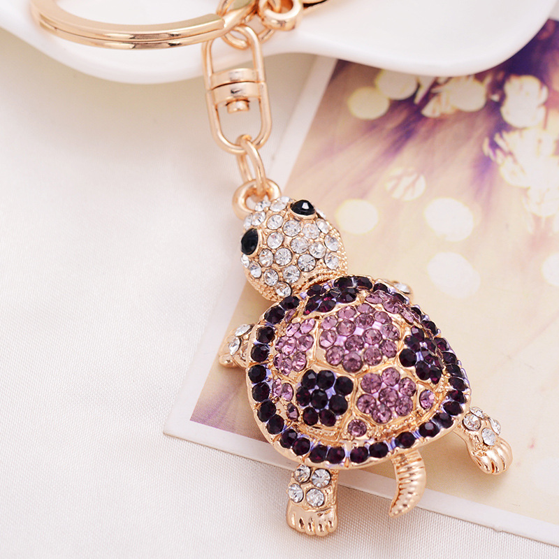Fashion Cute Turtle Tortoise Shape Car Keychain Handbags Rhinestone Crystal Animal Metal Pendant Accessories Key Rings Gift