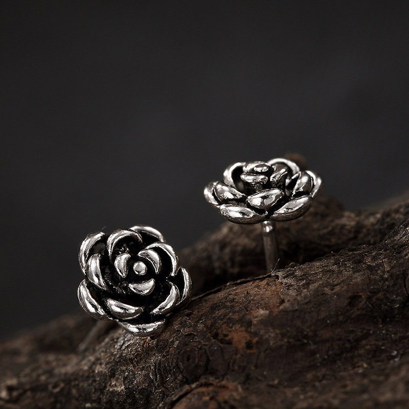 Retro Silver Rose Flower Stud Earrings Jewelry S925 Sterling Silver Prevent Allergy Ear Bone Nail Earrings