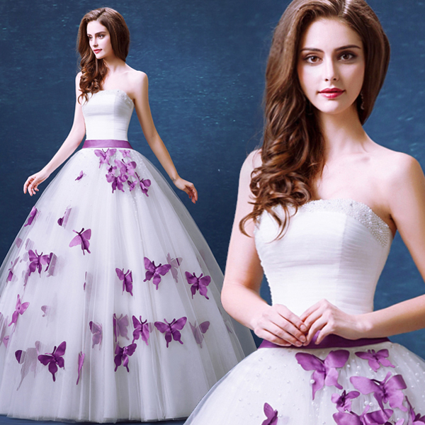 Spring 2020 Beautiful Purple and White Wedding Dresses Strapless Beaded Neckline Lace-up Back Butterfly Shape Appliqued Bridal Gowns Latest