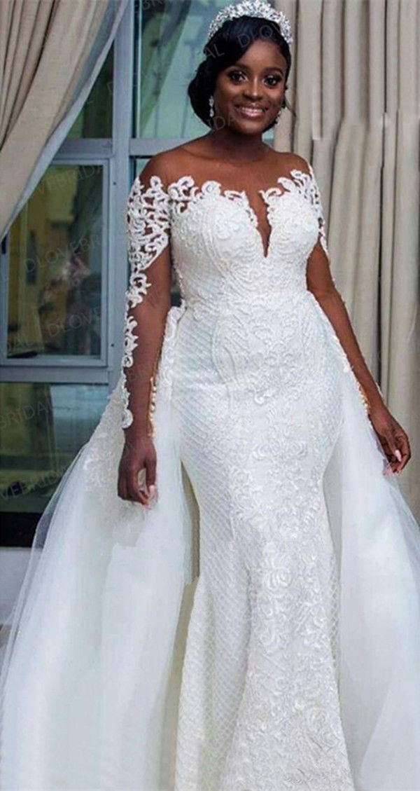 Plus Size Mermaid Wedding Dresses With Detachable Train Lace Appliqued Long Sleeve Bridal Gowns Beads Sheer Jewel Neck Wedding Dress