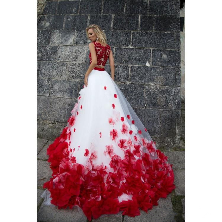 Two Pieces Red and White Prom Dresses A Line Lace Floral Flowers Evening Gowns Jewel Neck Formal Party Dress