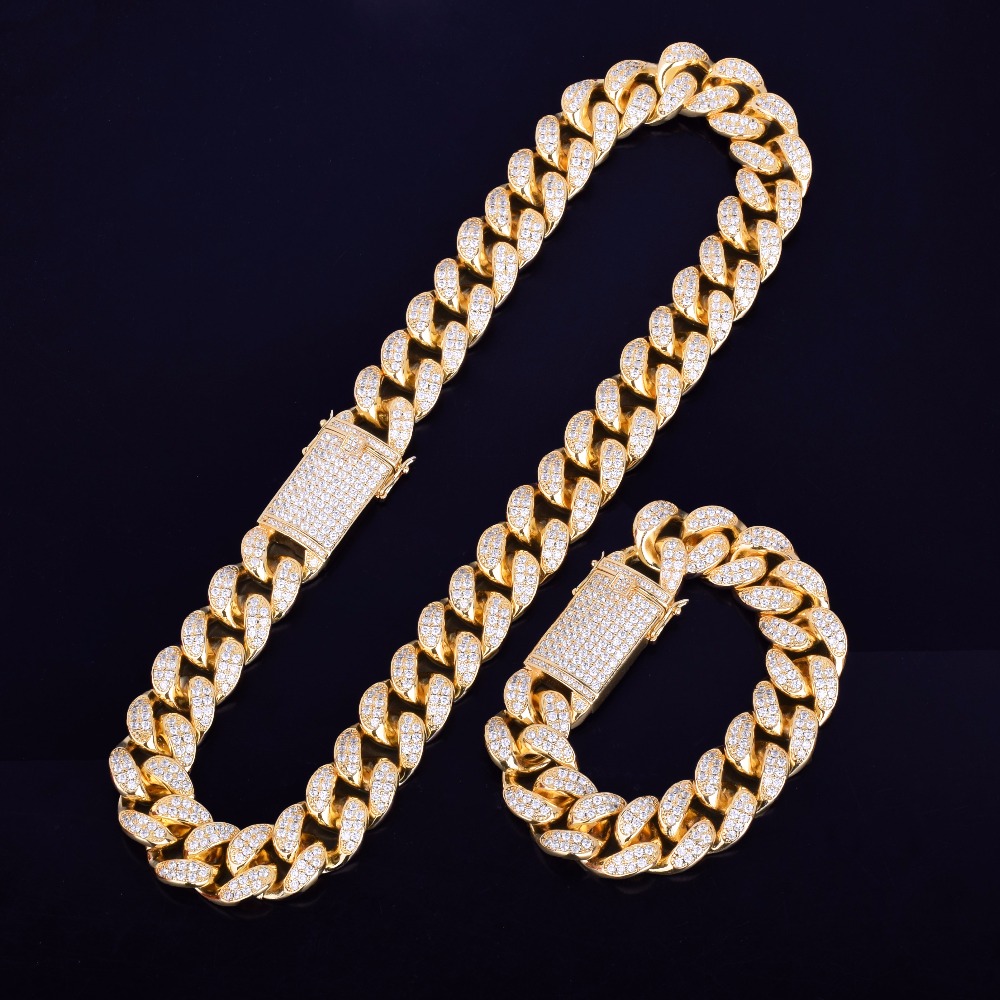 Heavy Cubic Zirconia Miami Men&#039;s Cuban Chain Necklace with Bracelet Necklace Set Gold Silver 20mm Big Choker Hip hop Jewelry 16&quot; 18&quot; от DHgate WW