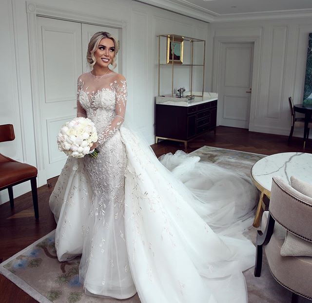 Gorgeous Wedding Dresses With Detachable Train Lace Appliques Beads Long Sleeve Mermaid Wedding Dress Jewel Neck Custom Made Robe De Mariee
