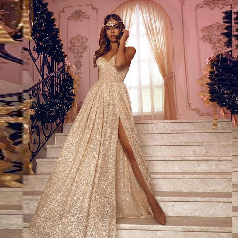 Gorgeous Rose Gold Sequined Prom Dresses 2019 V Neck Sparkling Sequin A-line Backless High Split Prom Party Dresses Robe De Soiree