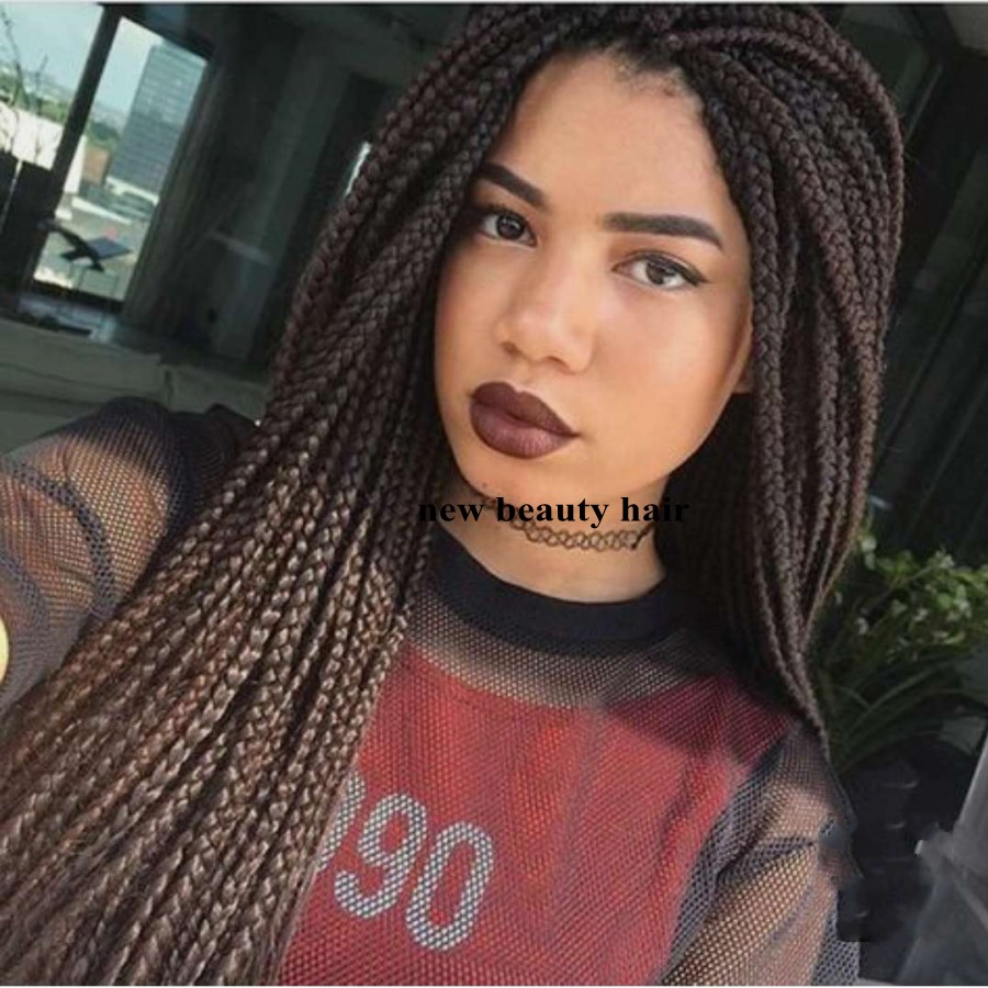 30inches long Box Braid wig dark Brown full lace front wig for black women Crochet Braids wig natural hairline Kanekalon Synthetic Hair