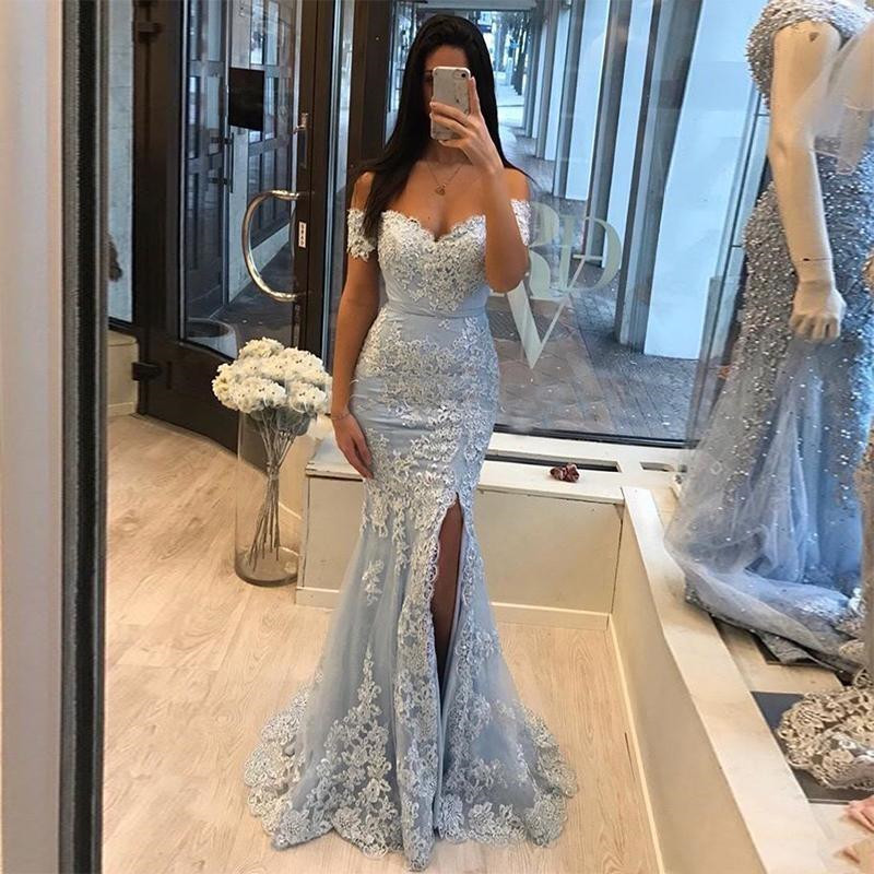 2020 Elegant Off Shoulder Light Sky Blue Evening Dresses Mermaid Lace Appliques Front Split New Special Occasion Party Dress Vestido, Silver
2020 Elegant Off Shoulder Light Sky Blue Evening Dresses Mermaid Lace Appliques Front Split New Special Occasion Party Dress Vestido, Silver