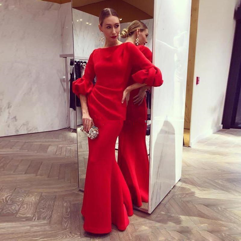 2019 Red Mermaid Prom Dresses 3/4 Long Sleeve Satin Floor Length Evening Gowns Plus Size Saudi Arabic Abendkleider robes de soirée