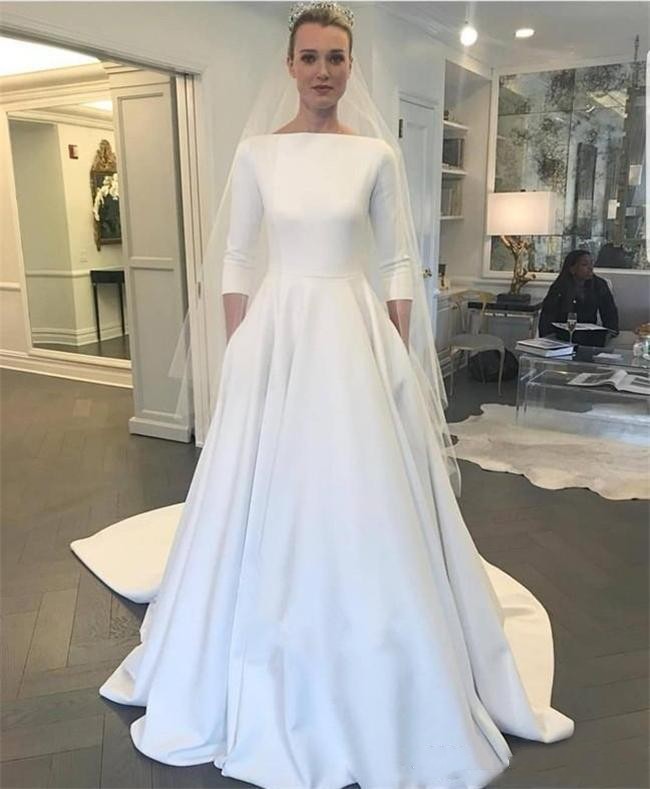 2019 Modest Satin Wedding Dresses Meghan Markle Style Bateau Neck 3/4 Sleeves ruched Covered Buttons Back Garden Bridal Gown court train