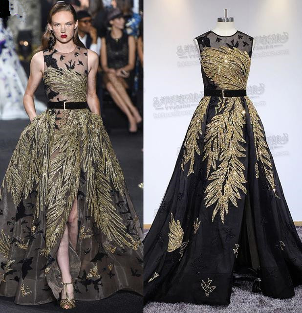 Elegant Elie Saab Prom Dresses 2019 Jewel Neck Sleeveless Gold Sequined Formal Evening Gowns Sweep Train Beaded Pageant Party Dress Custom