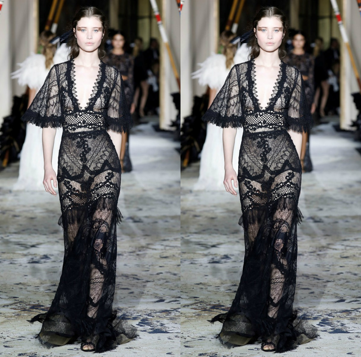 Zuhairmurad Black Customized Mermaid Evening Dress V Neck Short Sleeve Formal Dress Tulle Lace Floor Length Party Bridesmaid Gown