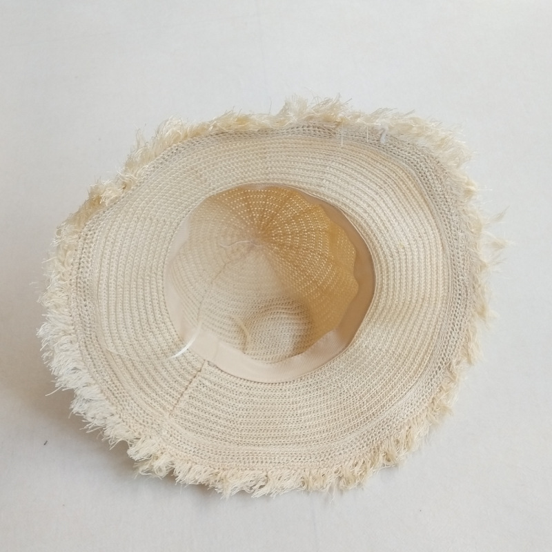 Handknitted solid color sun big hat bristle side breathable straw hat ladies summer sunscreen beach hat foldable2865004