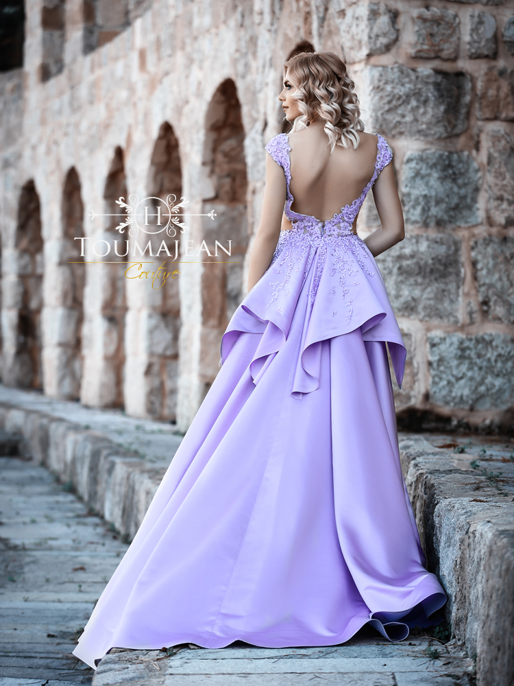 Light Purple Prom Dresses With Detachable Overskirts Sweep Train V Neck Satin Lace Evening Dress Sexy Backless Appliques Formal Occasion