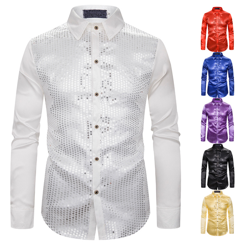 autumn new Sequin show night club host emcee gilt men's Lapel Long Sleeve Shirt Men's Party Wear Shirts