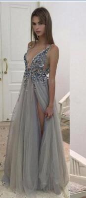 Sexy Open Back Deep V Neck Front Split Formal Women Evening Party Gowns Sweep A Line Robe De Soiree Silver Beaded Prom Dresses