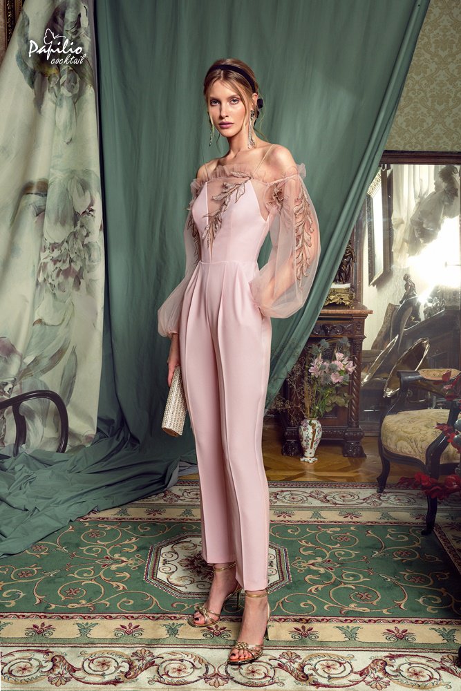 2019 Cocktail Dresses Fashion Women Jumpsuits Off The Shoulder Lace Appliqued Long Sleeve Prom Dress Elegant Evening Gowns