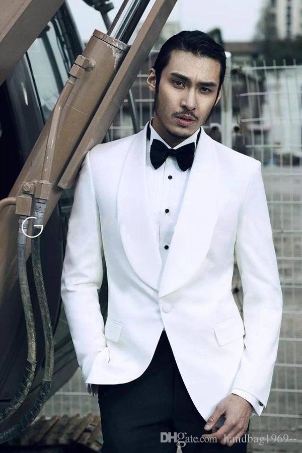 

New Arrivals One Button White Groom Tuxedos Shawl Lapel Groomsmen Best Man Blazer Mens Wedding Suits (Jacket+Pants+Tie) D:105, Same as image