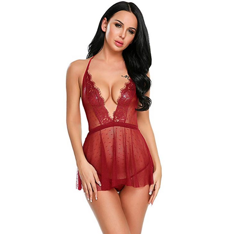 Women S-XXL Sexy Intimate Apparel Lingerie Dots Lacy Plunge V-neck Babydoll Chemise and Panty Set Sheer Lace Mesh Sleepwear Dress