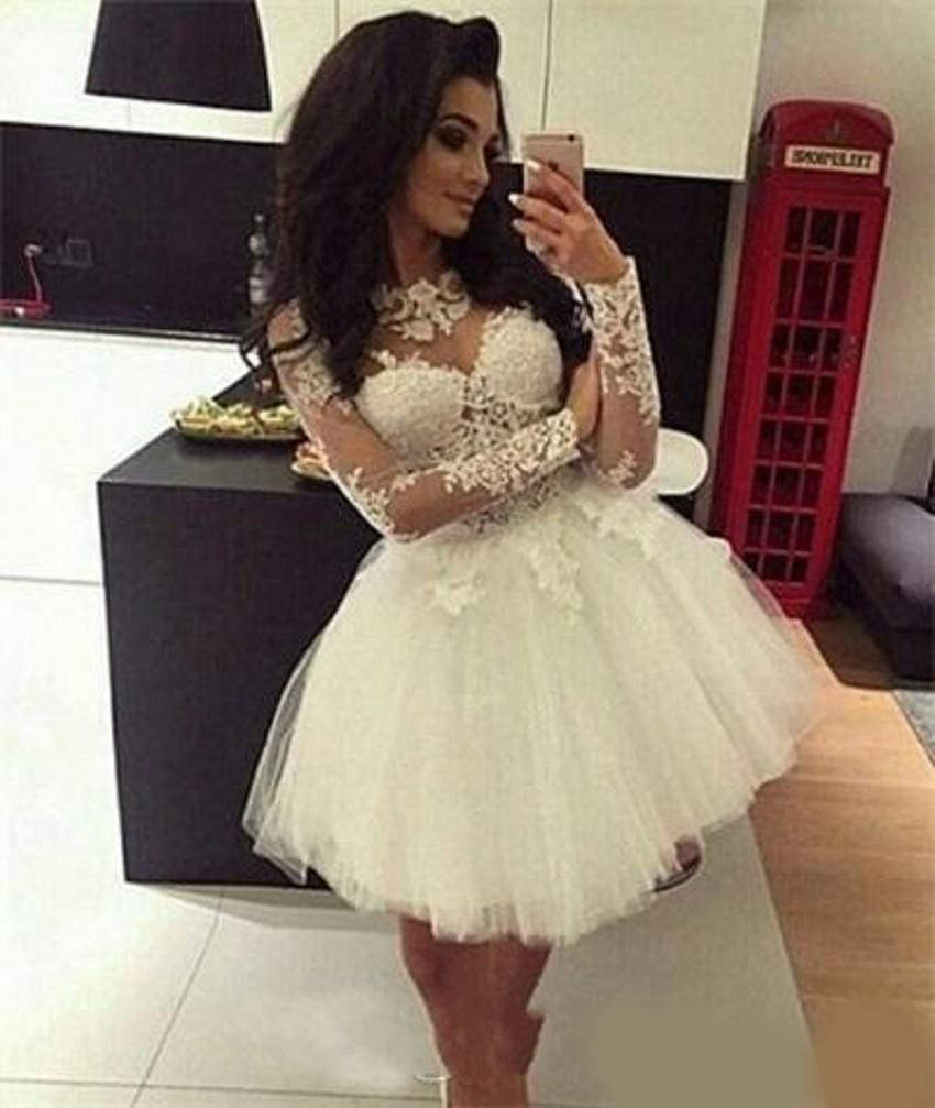 White Custom Made Mini Short Homecoming Dresses Long Sleeves Sheer Neck Sweet 16 Dresses Pageant Prom Dresses Graduation Party Dress