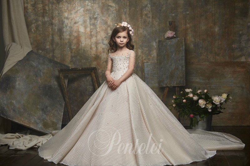 Dreamly A Line Flower Girl Dresses Jewel Long Sleeve Lace Applique Pearls Pageant Dress Floor Length Girl's Birthday Part 0508