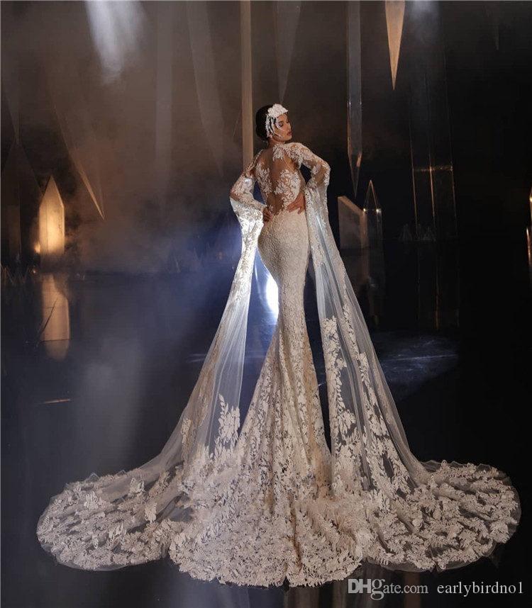 2020 Vintage Mermaid Wedding Dresses Jewel Neck Appliqued Lace Sweep Train Long Sleeve Bridal Gowns Custom Made Boho Vestidos De Novia