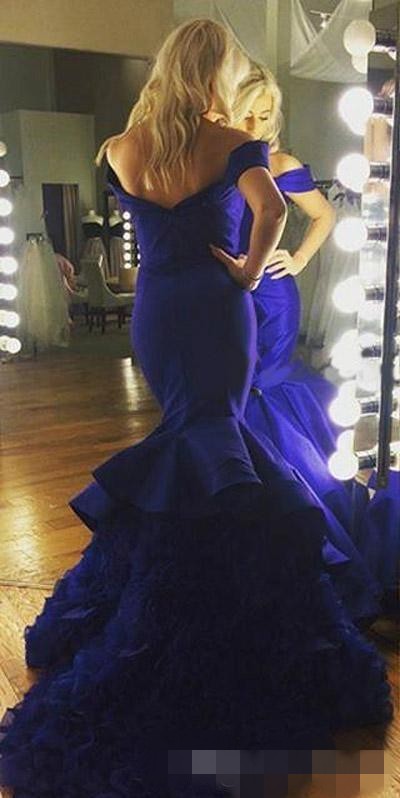 Blue Mermaid Royal Prom Dresses Satin Elegant Off The Shoulder Tiered Skirt Ruched Pleats Plus Sizw African Girl Guraduation Party Gown