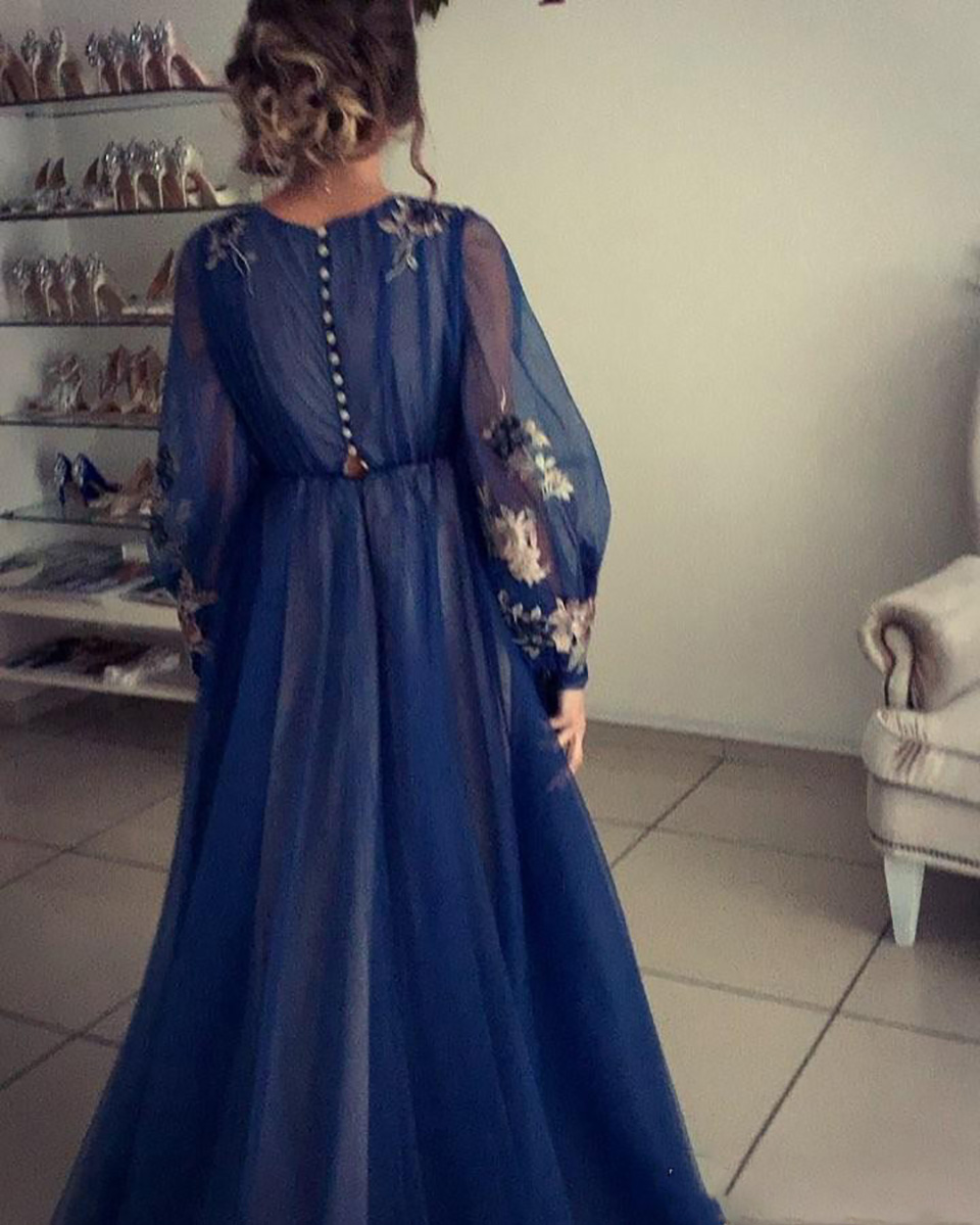 Robe de soiree Dubai Royal Blue Long Sleeves Evening Dresses Long Abiye Gold Appliques Soft Tulle Evening Party Dress