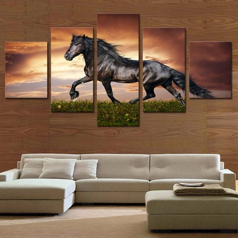 5pcs/set Unframed Running Black Horse Animal Painting On Canvas Wall Art Painting Art Picture For Living Room Decor