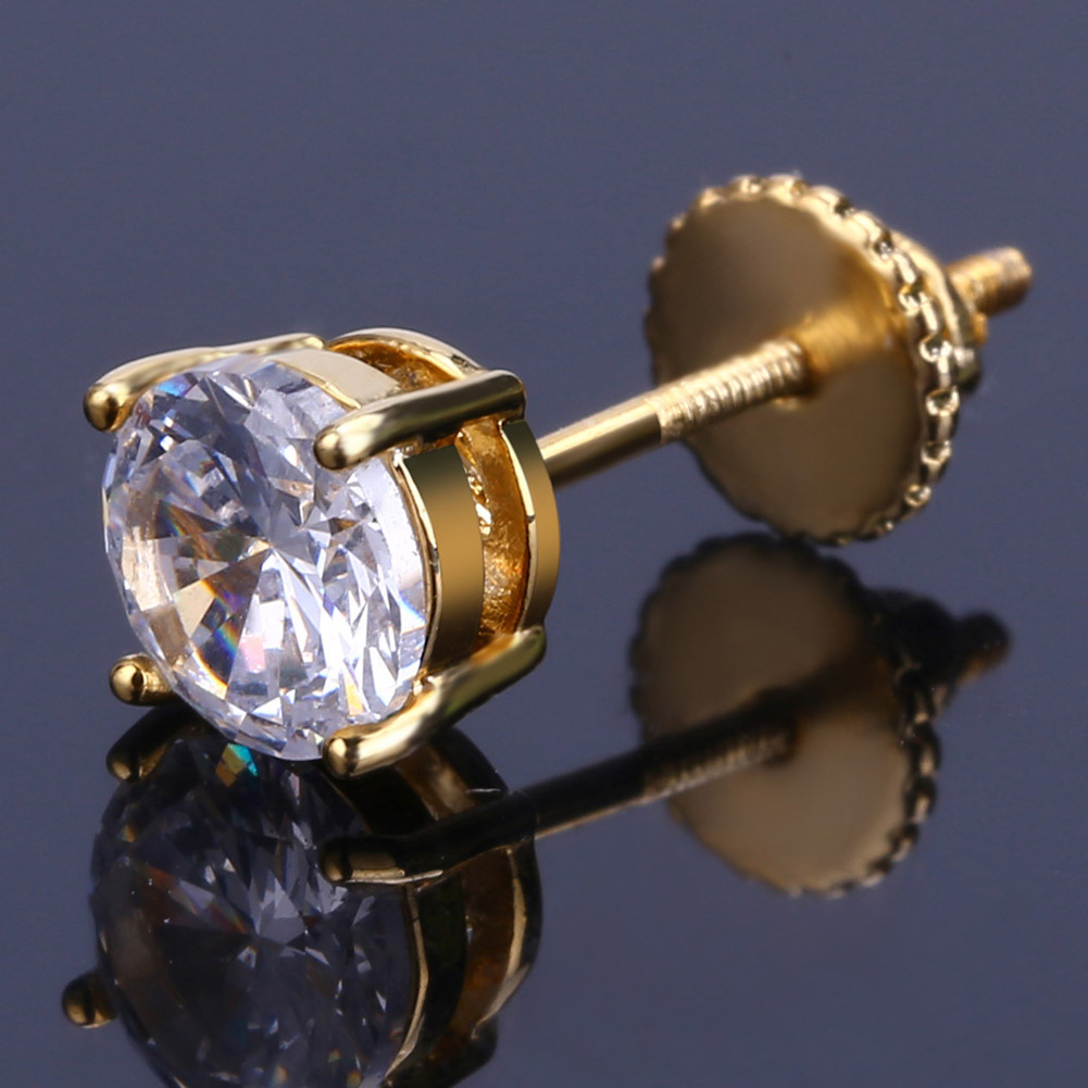 18K Gold Hiphop Single CZ Zircon Round Stud Earrings 0.4 0.6 0.8 cm for Men Women and Girls Gifts Bling Iced Out Diamond Earrings Studs Rock Rapper Je