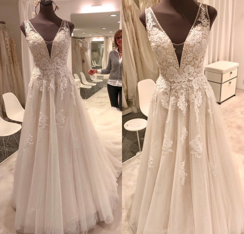 A Line Dreamy Wedding Dresses Applique Pearls Tulle Wedding Dresses Sweep Train Bribal Gowns Vestidos De Novia