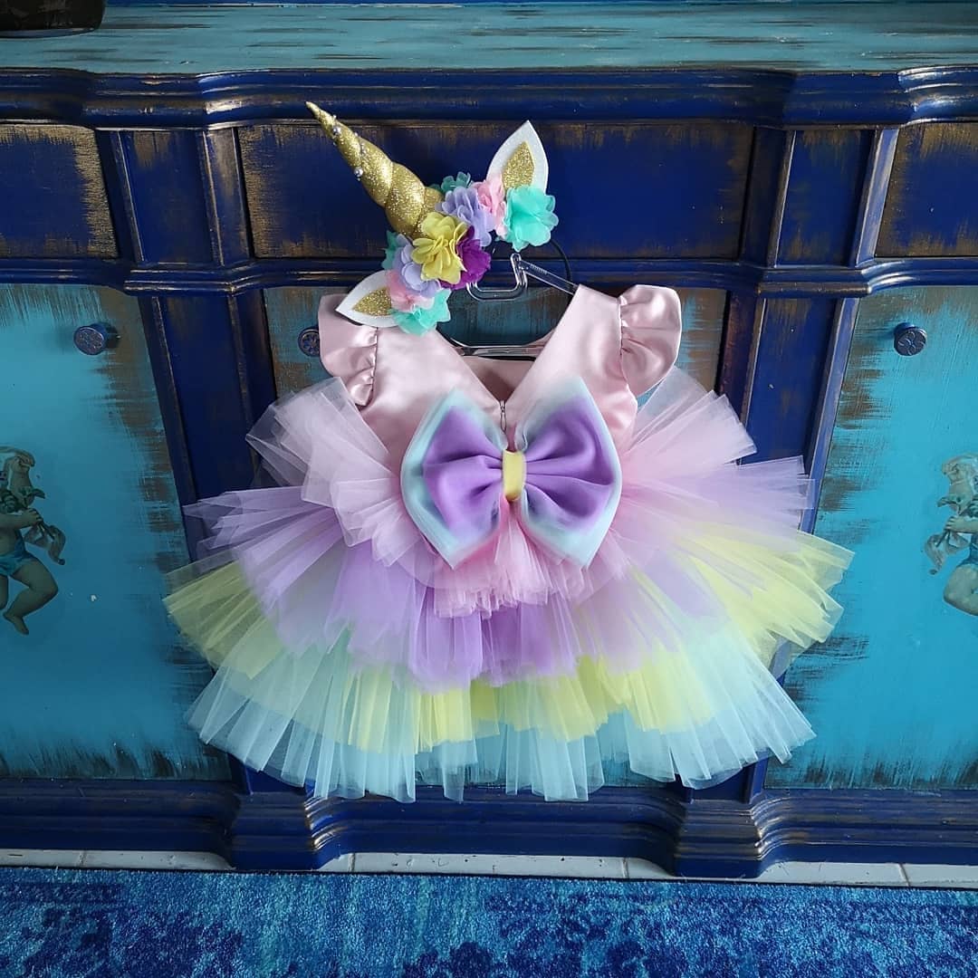Colorful Lucky Flowers Girls Dresses Rainbow Tulle Ruffles With Bow Toddlers Pageant Gowns Communion Party Dress For Wedding