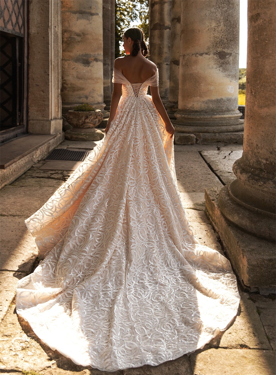 2020 Elegant A Line Wedding Dresses Off The Shoulder Appliqued Sequins Lace Up Back Design Court Train Bridal Gowns