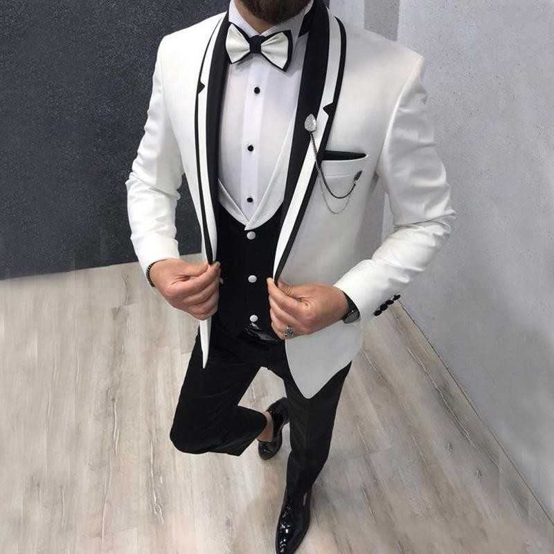 High Quality One Button Ivory Wedding Men Suits Shawl Lapel Three Pieces Business Groom Tuxedos (Jacket+Pants+Vest+Tie) W1082