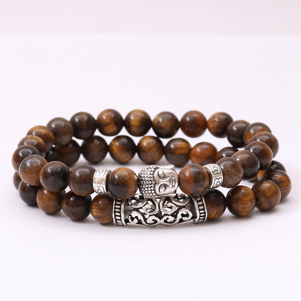 Natural Gemstone Turquoise Volcanic Rocks Tigers's eye Bead Bracelet Men Womens Double Layer Buddha Charms Stackable Bracelet Jewelry