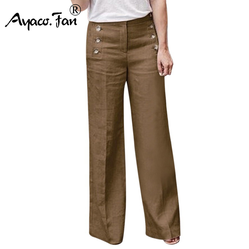 Plus Size 3XL 2019 Summer New Hot Cotton Linen Women Wide Legs Pants Solid Casual High Waist Button Trousers Female Loose Pants T200104