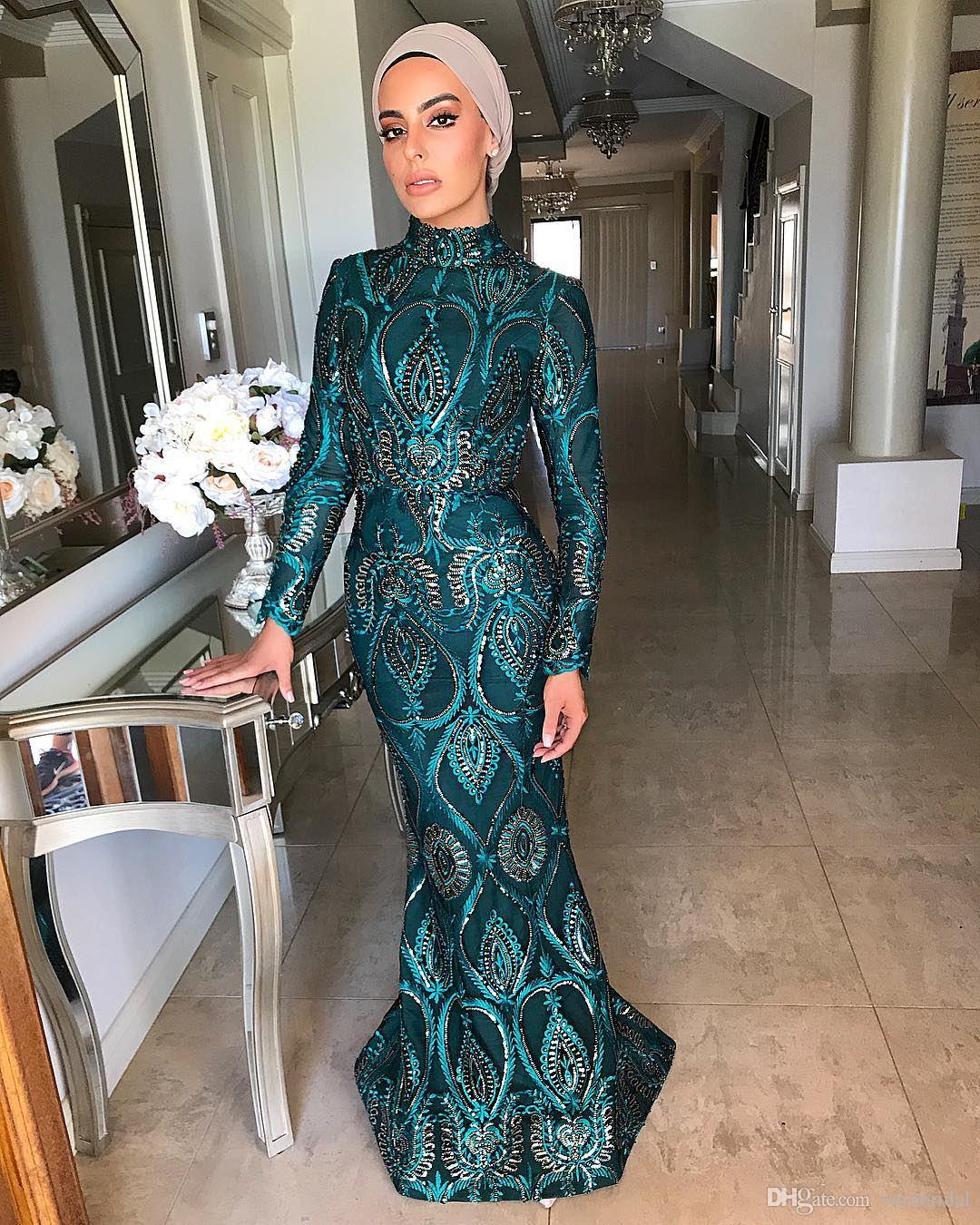 Muslim Evening Dresses With Detachable Skirt High Neck Lace Appliques Beaded Satin Sweep Train Long Sleeve Formal Occasion Gowns Prom Dress