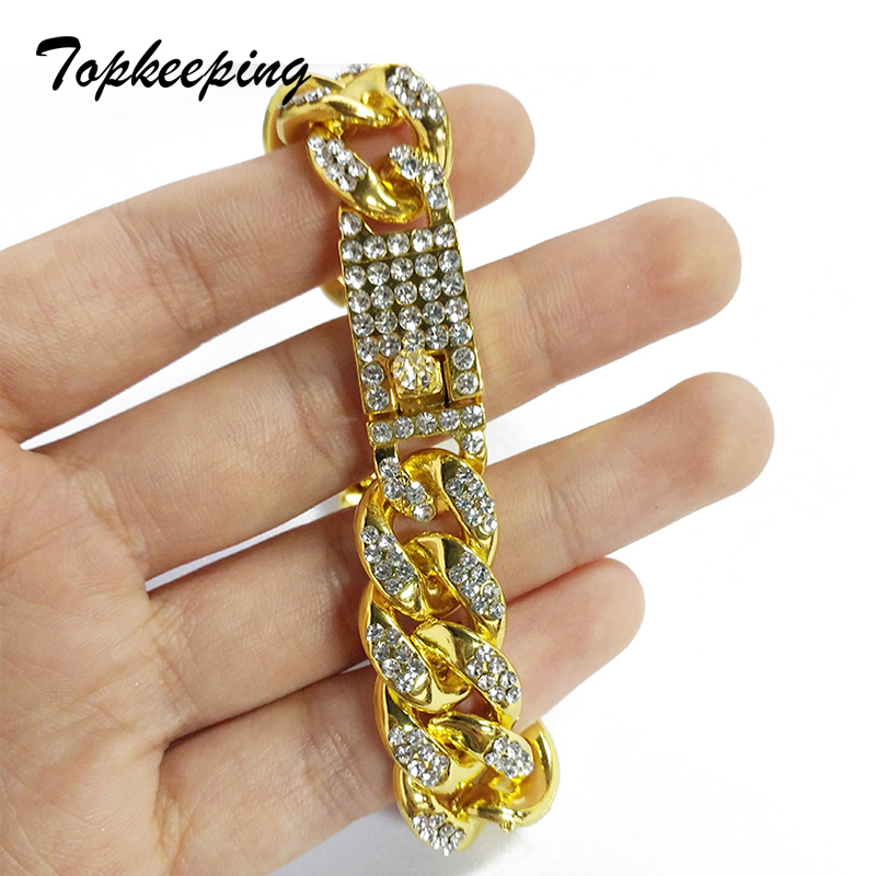 Mens Gold Color Iced Out Rhinestone Fashion Bracelets & Bangles Miami Cuban High Quality Link Chain Bracelet For Hip Hop C19021501
