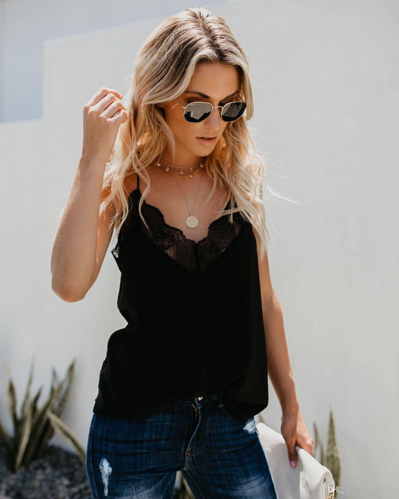 2020 New Hot Sale Female Lace V-neck Solid Chest Mesh Sleeveless Casual Lace Fashion Tops Camisole Casual Woman Vest