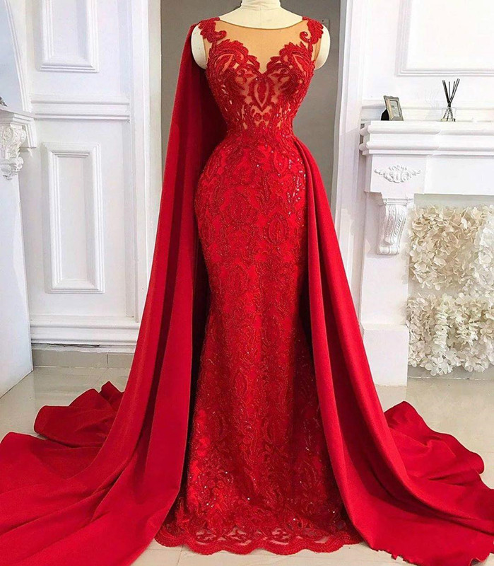Red Lace Stain Mermaid Evening Pageant Dresses with Long Cape 2020 Modern Overskirt African Sheer Neck Occasion Prom Gowns
