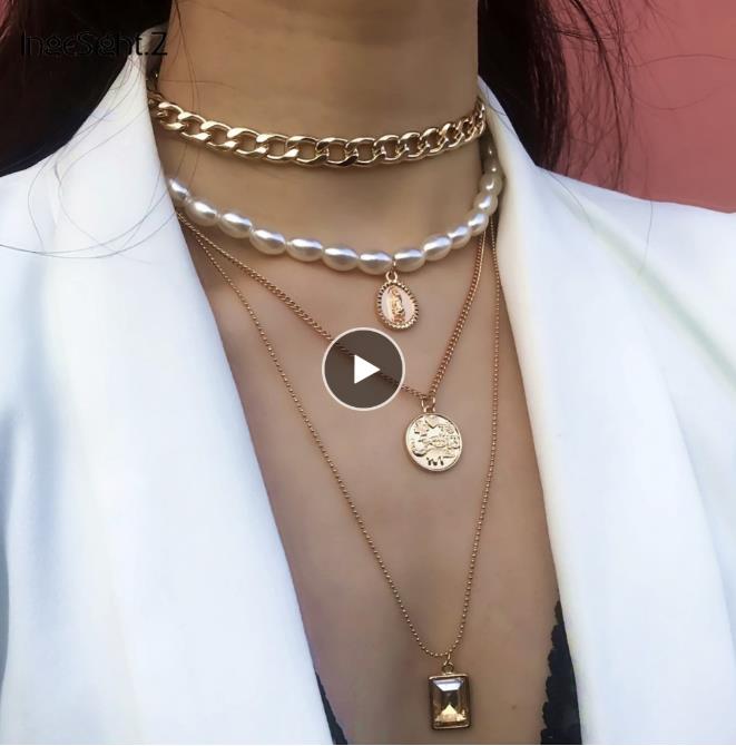Fashion- Multi Layered Pearl Choker Necklace Collar Statement Virgin Mary Coin Crystal Pendant Necklace Women Jewelry