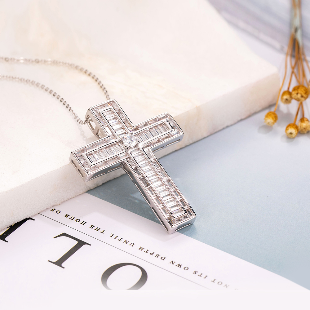 New 925 Silver Exquisite Bible Jesus Cross Pendant Necklace for women men Crucifix Charm Simulated Platinum Diamond Jewelry N022