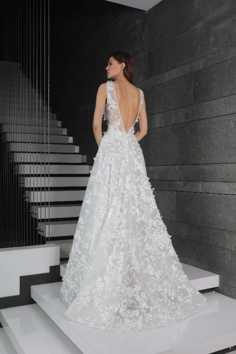 2020 New Tony Ward Lace Wedding Dresses V Neck 3D Appliqued Bridal Gowns Backless Boho Wedding Dress Cheap