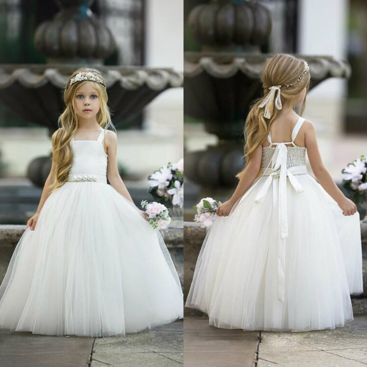 2020 Cute Ivory Flower Girl Dresses Tulle Cheap A Line Square Neck First Communion Dress Birthday Custom Made Prom Gowns Party Wear