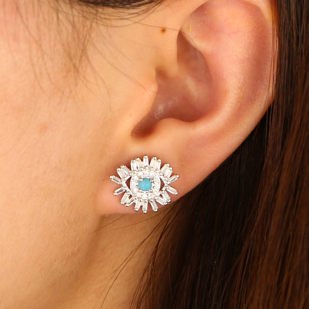 baguette cz firework evil eye stud earring pave cubic zirconia turquoise gemstone elegance gorgeous lucky women jewelry