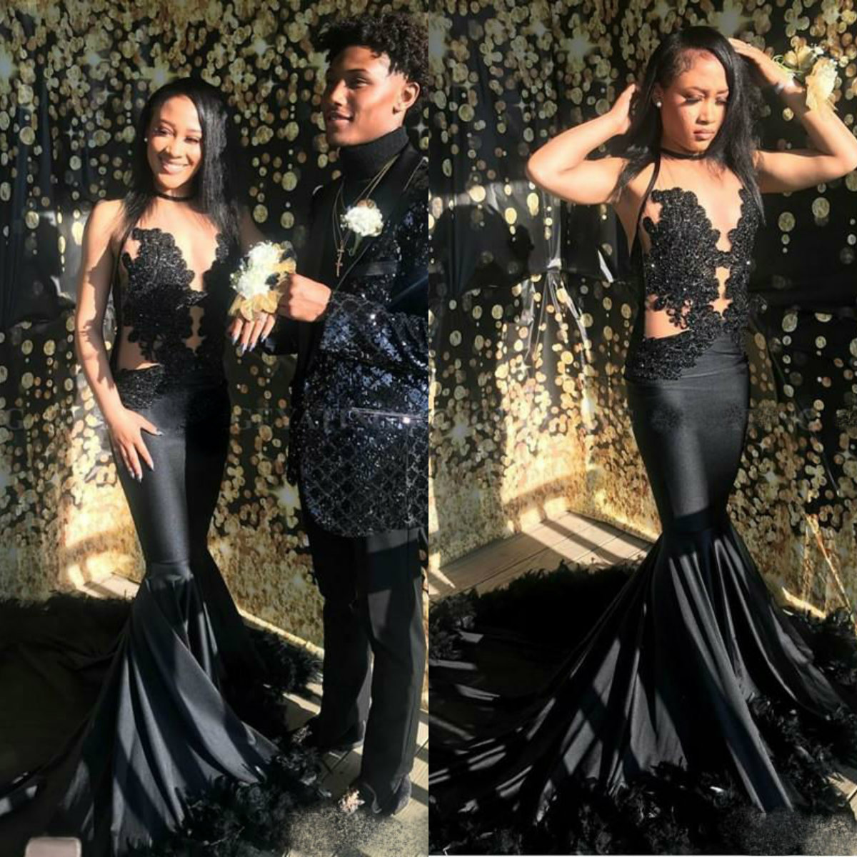 2019 Black Mermaid Prom Dresses Sleeveless Sheer Neck Feathers Lace Appliqued Evening Gowns Black Girls Cocktail Party Dresses