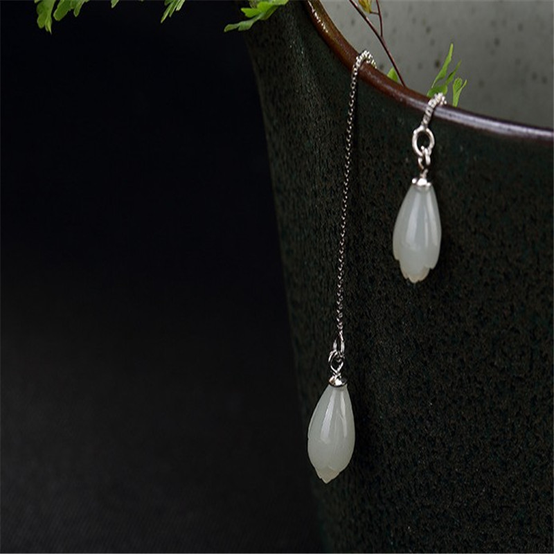Authentic 925 Sterling Silver Drop Earrings For Women Girls Natural Handmade Long Chain Jade Flower Dangle Earring