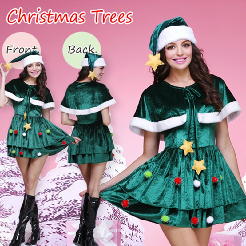 Adult Women Christmas Tree Costume Cape Hat Set Layered A-line Mini Dress with White Fuzzy Trim and Stars Balls Cosplay S-3XL Plus Size